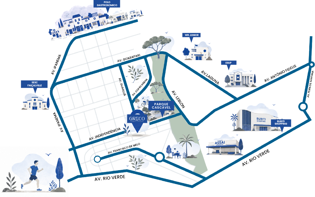 Mapa de localização do Greco Parque Cascavel e arredores: Av. Ipanema, Av. Independência, Parque Cascavel, Buriti Shopping, Assaí Atacadista, ESUP, SESC Faiçalville e polo gastronômico